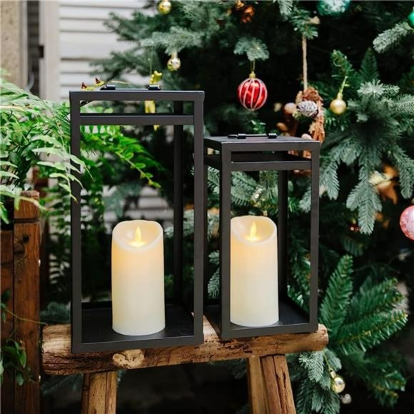 Black Metal Candle Lanterns Set of 2- w/ LED Flameless Candles- 15.8'' & 12.6'' - Picture 5 of 7